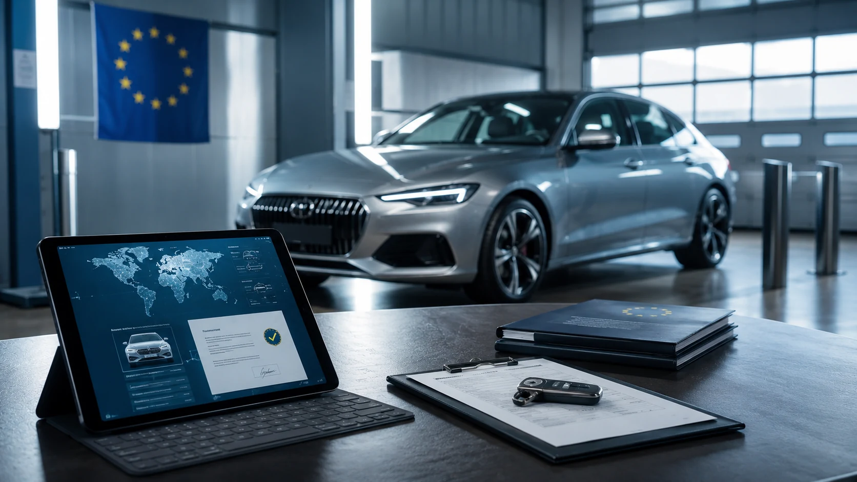 Digitale Fahrzeugprüfung mit EU-Unterlagen als Symbol für Dokumentation, Typdaten und Marktprüfung 2027