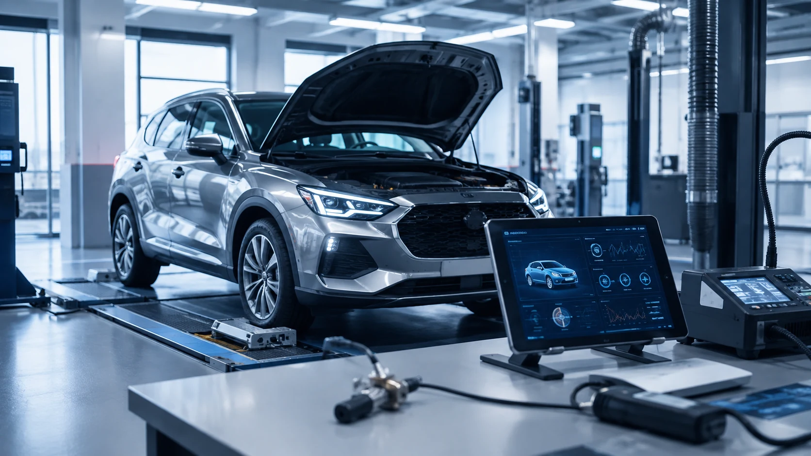 Hightech-Fahrzeugdiagnose in der Werkstatt als Symbol für Euro 7, Haltbarkeit und technische Prüfanforderungen
