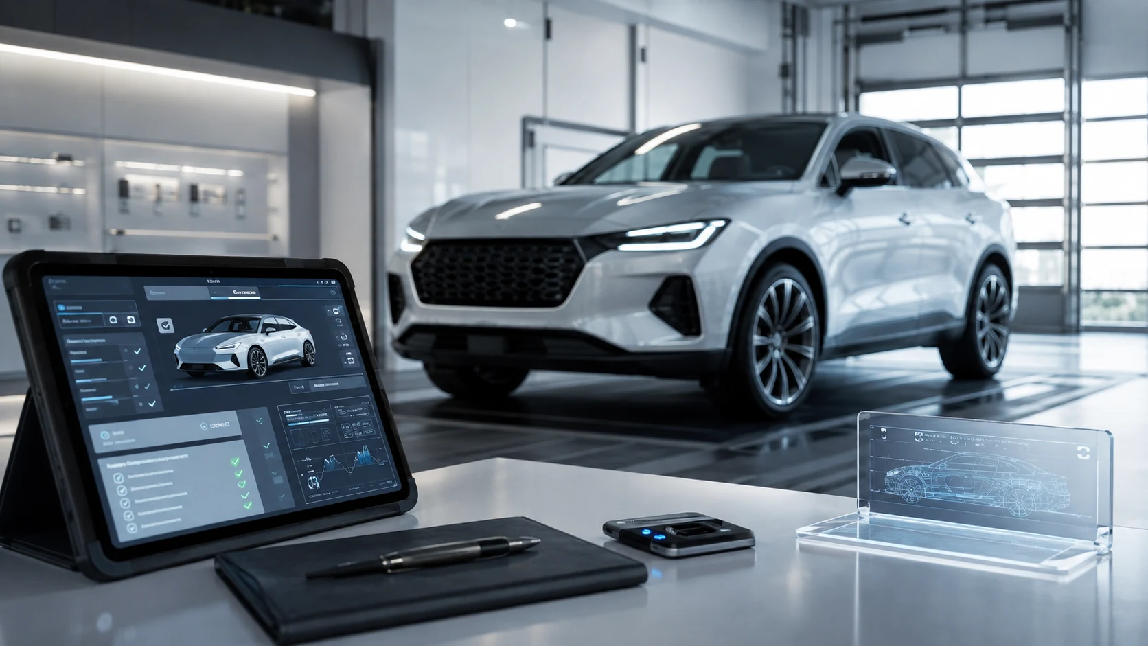 Moderner Fahrzeugshowroom mit digitaler Diagnose als Symbol für technische Änderungen im Autojahr 2027