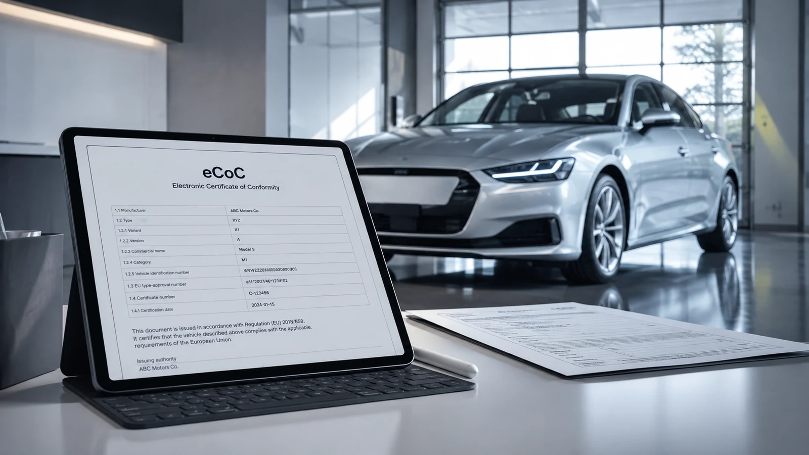 Elektronisches Certificate of Conformity auf einem Tablet neben einem Fahrzeug im modernen Autohaus