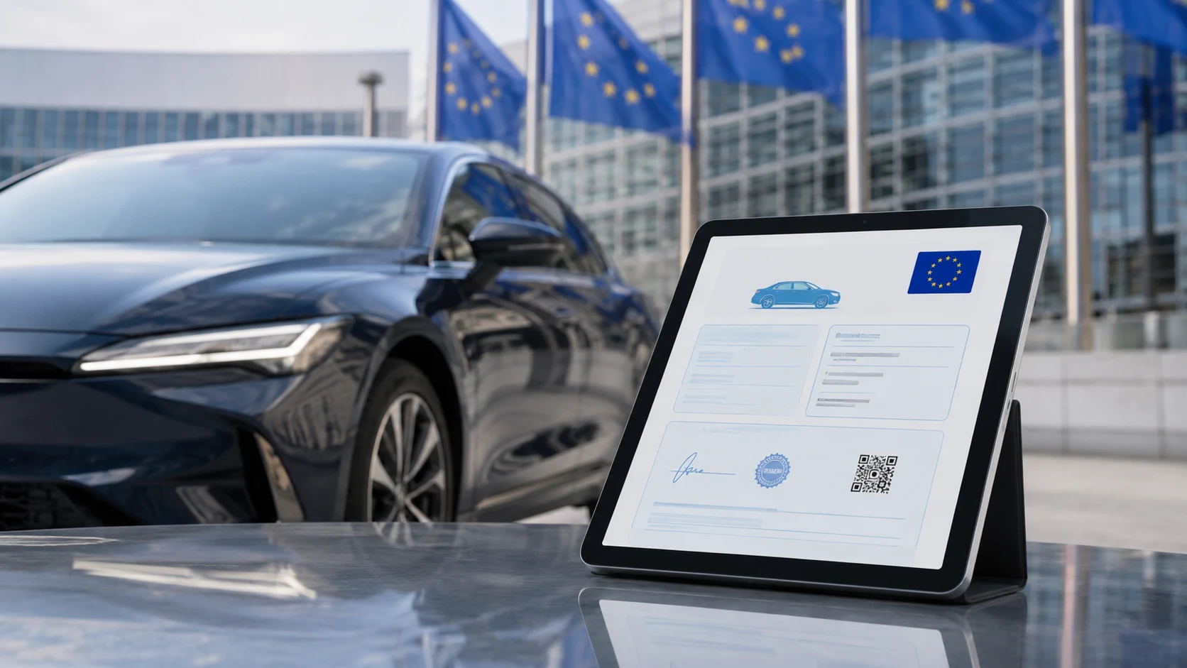 Digitales Fahrzeugdokument auf Tablet vor europäischen Flaggen als Symbol für EU-Richtlinien 2026