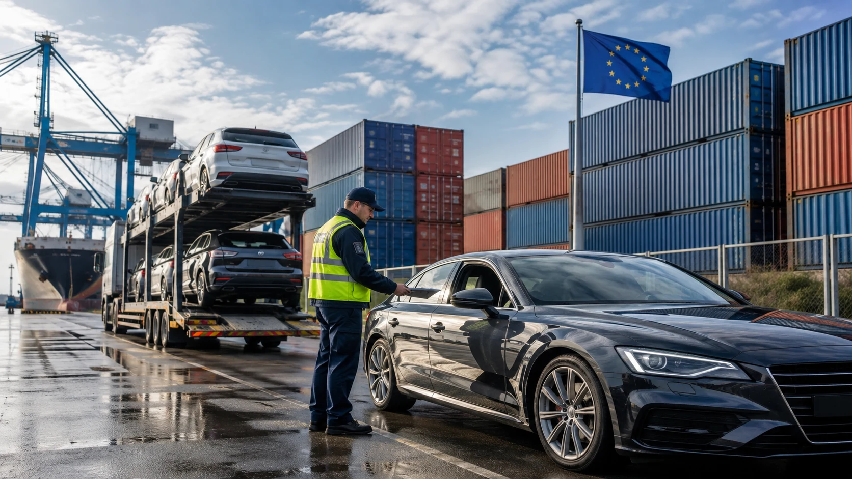 Fahrzeugkontrolle im Containerhafen mit EU-Flagge und Dokumentenprüfung