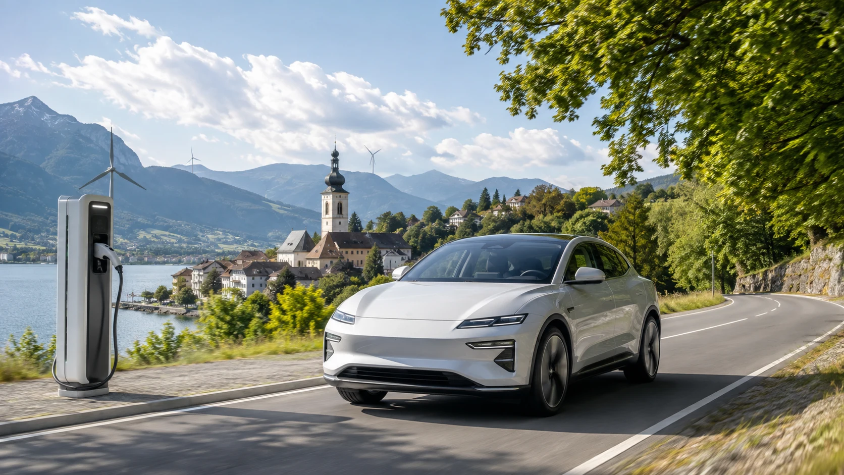 Elektroauto in europäischer Landschaft mit Ladestation und Windkraft als Symbol für Umwelt- und Klimavorgaben