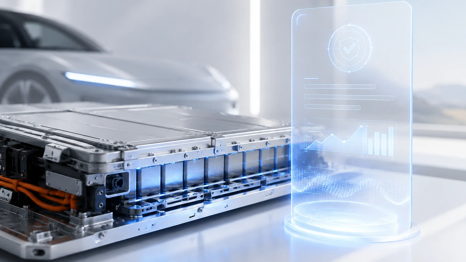 Traktionsbatterie und digitale Analyse als Symbol für die Euro-7-Batteriehaltbarkeit
