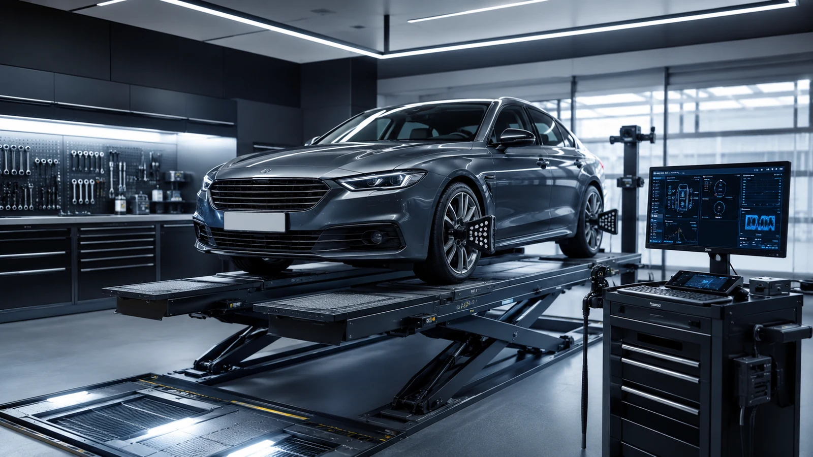 Fahrzeug in einer modernen technischen Diagnose- und Prüfstation