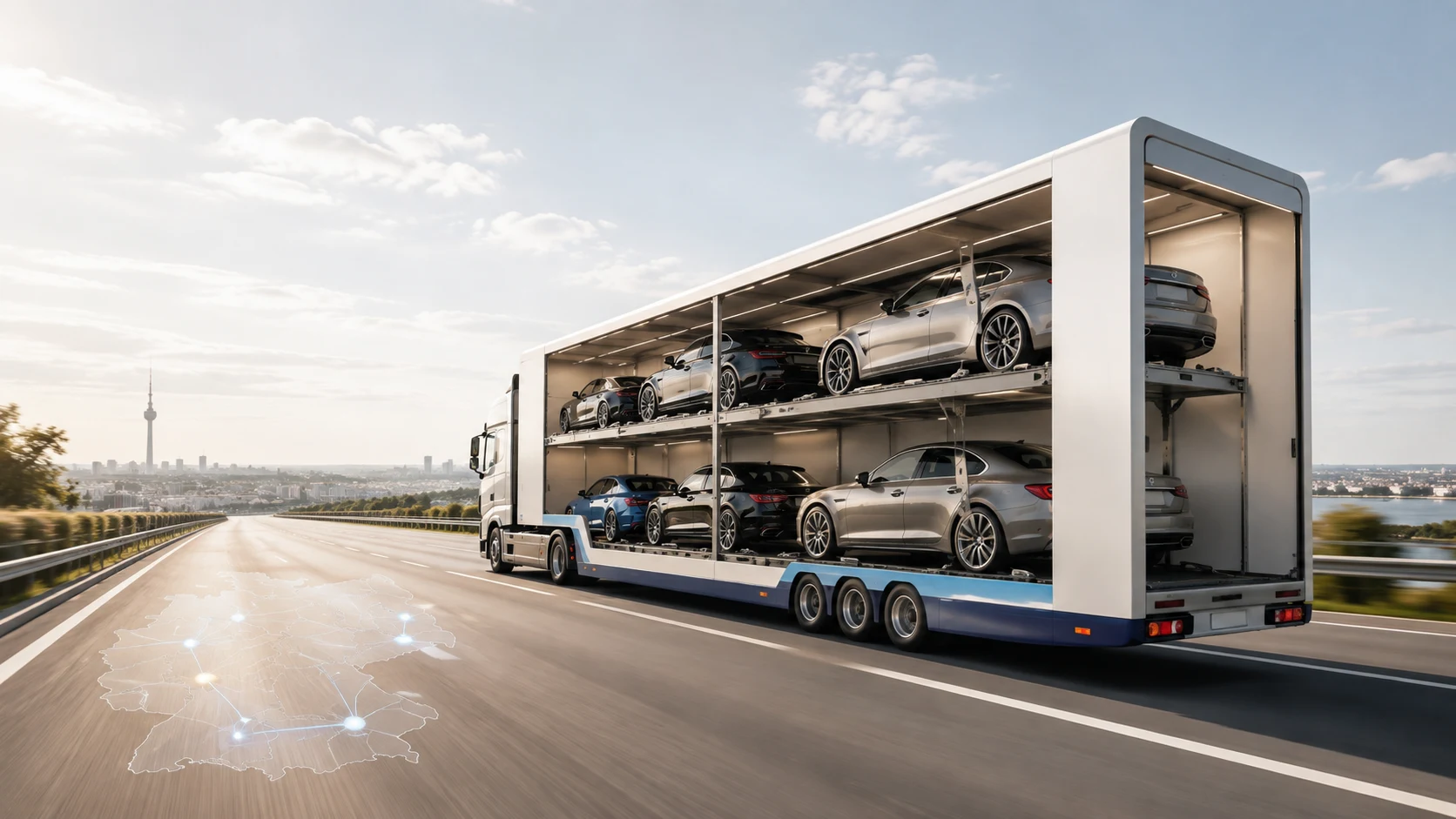 Geschlossener Fahrzeugtransporter mit mehreren Autos auf einer Autobahn