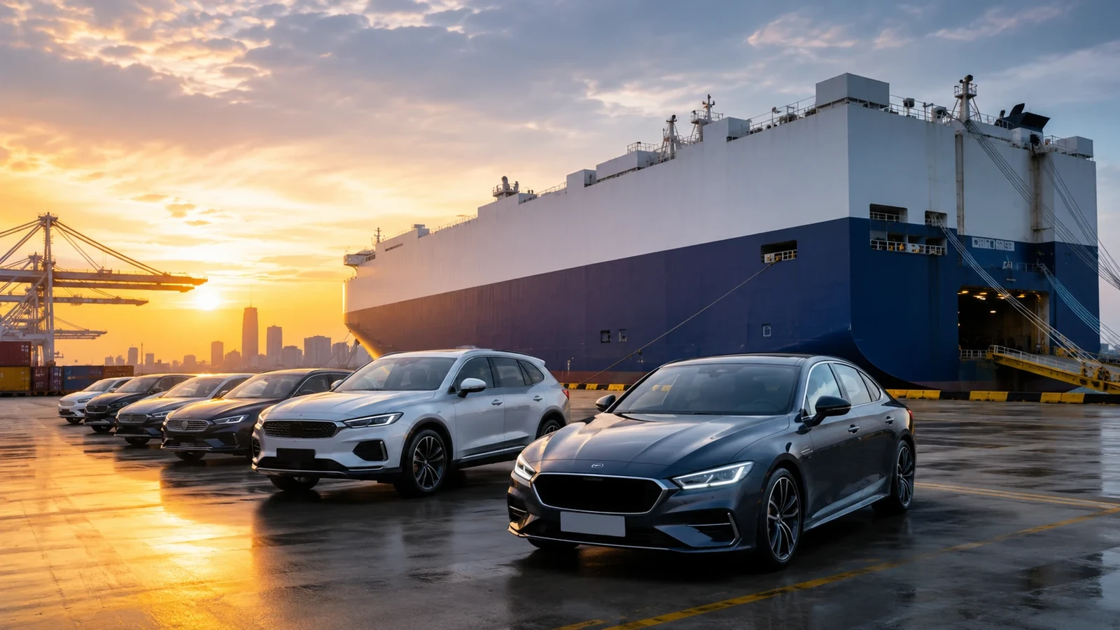 Autotransporter im Hafen als Symbol für Fahrzeugexport