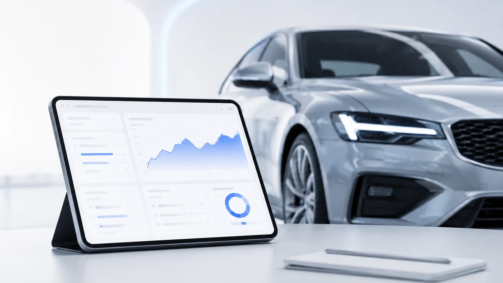 Digitale Fahrzeugbewertung mit Tablet und Limousine