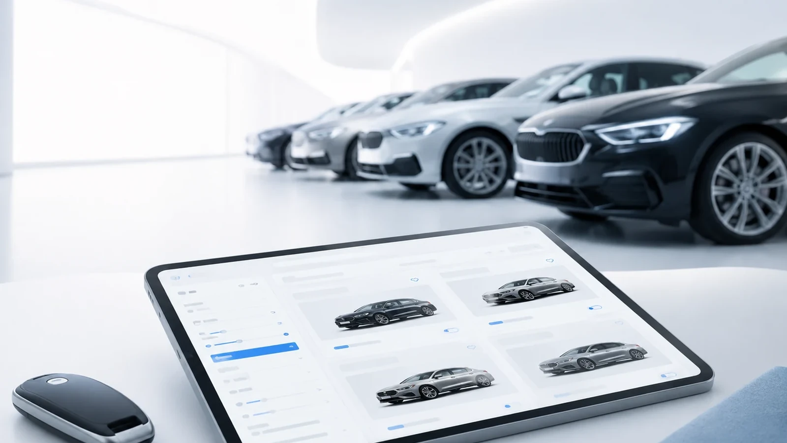 Tablet mit Fahrzeugauswahl im modernen Showroom