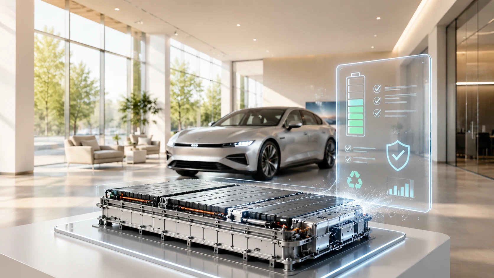 Elektrofahrzeug und Traktionsbatterie in modernem Showroom als Symbol für den Elektroautomarkt 2026