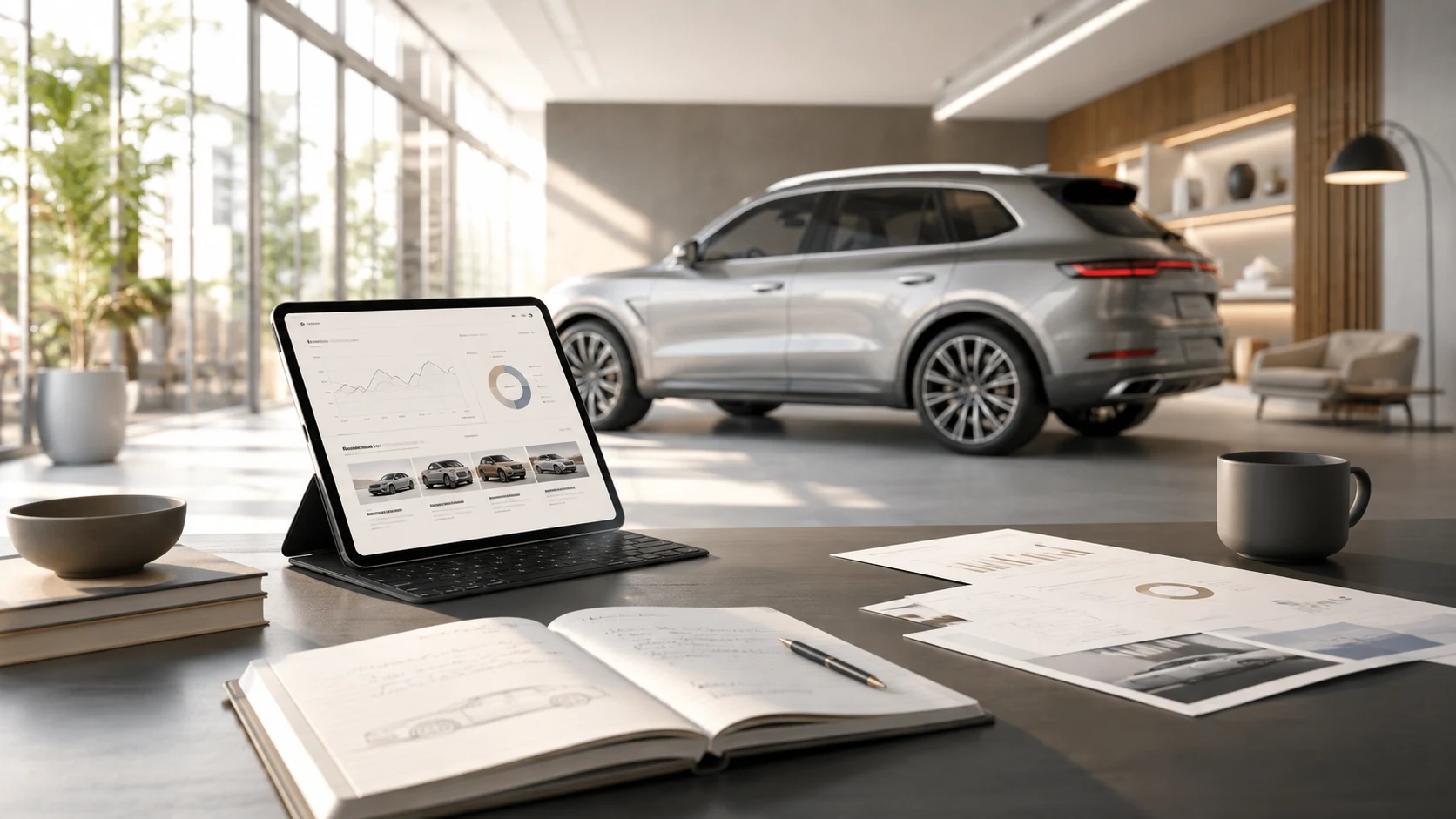 Fahrzeuganalyse im modernen Showroom mit Markt- und Preisdiagrammen
